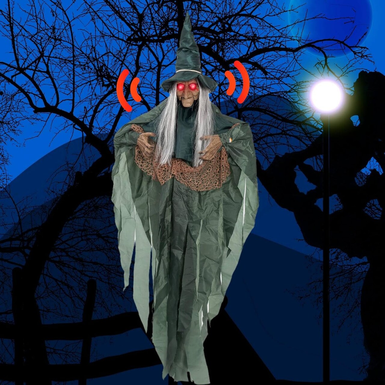 72" Hanging Witch Halloween Decoration with Light-up Eyes Motion Activation Function Creepy Laughing Halloween Animatronics Haunted House Prop Décor Outdoor Indoor